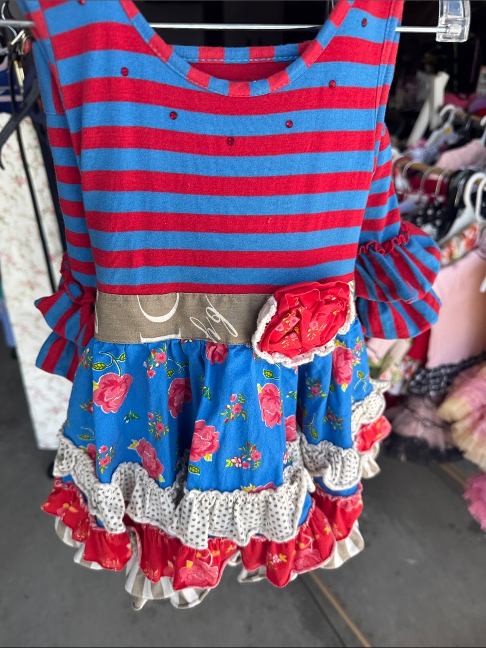 Mustard Pie Striped & Floral Ruffle Dress - with shorts. Red & Blue